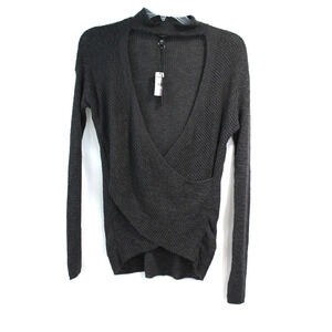 Express Sweater Wrap Oversize S Gray Mock Neck Deep V Key Hole Long Sleeve